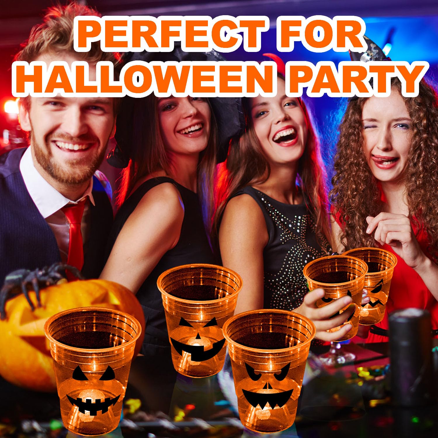 mishunyus 40 Pcs Halloween Glow Pumpkin Party Cups for Adults Kids, 16 oz Orange Plastic Cups Reusable Party Cups for Halloween Party Night,Daytime Supplies Decorations