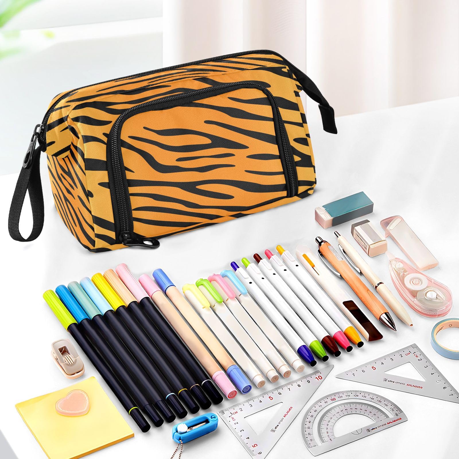 Quteprint Large Capacity Pencil Case, Animal Tiger Skin Pattern Portable Pencil Bag Pen Case Pouch with Zipper, Office School Stationery Bag Pencil Box Holder for Teens Girls Boys Adults Student