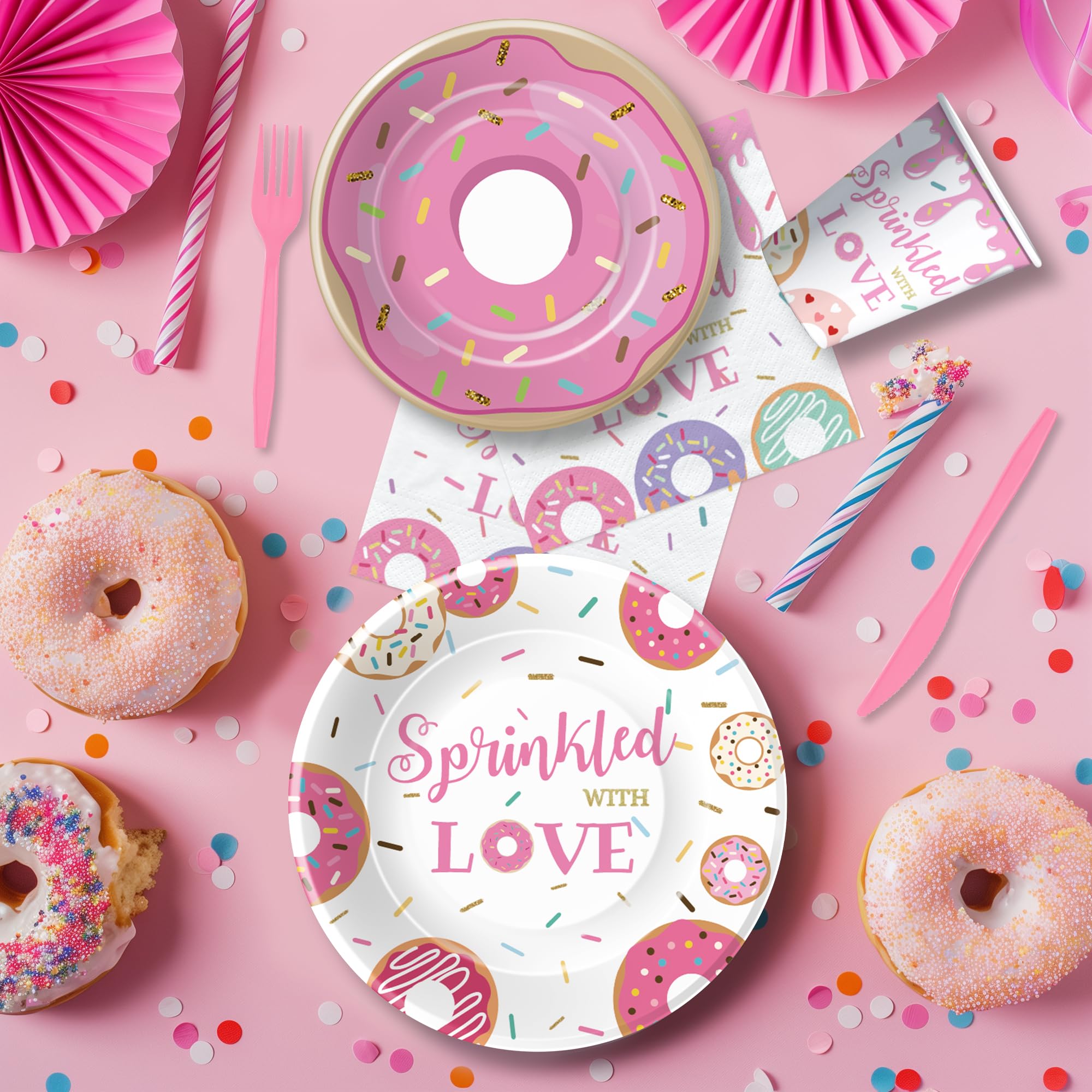 Suhelkit Donut Baby Sprinkle Decorations Tableware Girl - Sprinkled with Love Baby Shower Party Supplies, Paper Plate, Napkin, Cup, Tablecloth, Cutlery, Pink Donut Baby Shower Decorations | 24 Guests