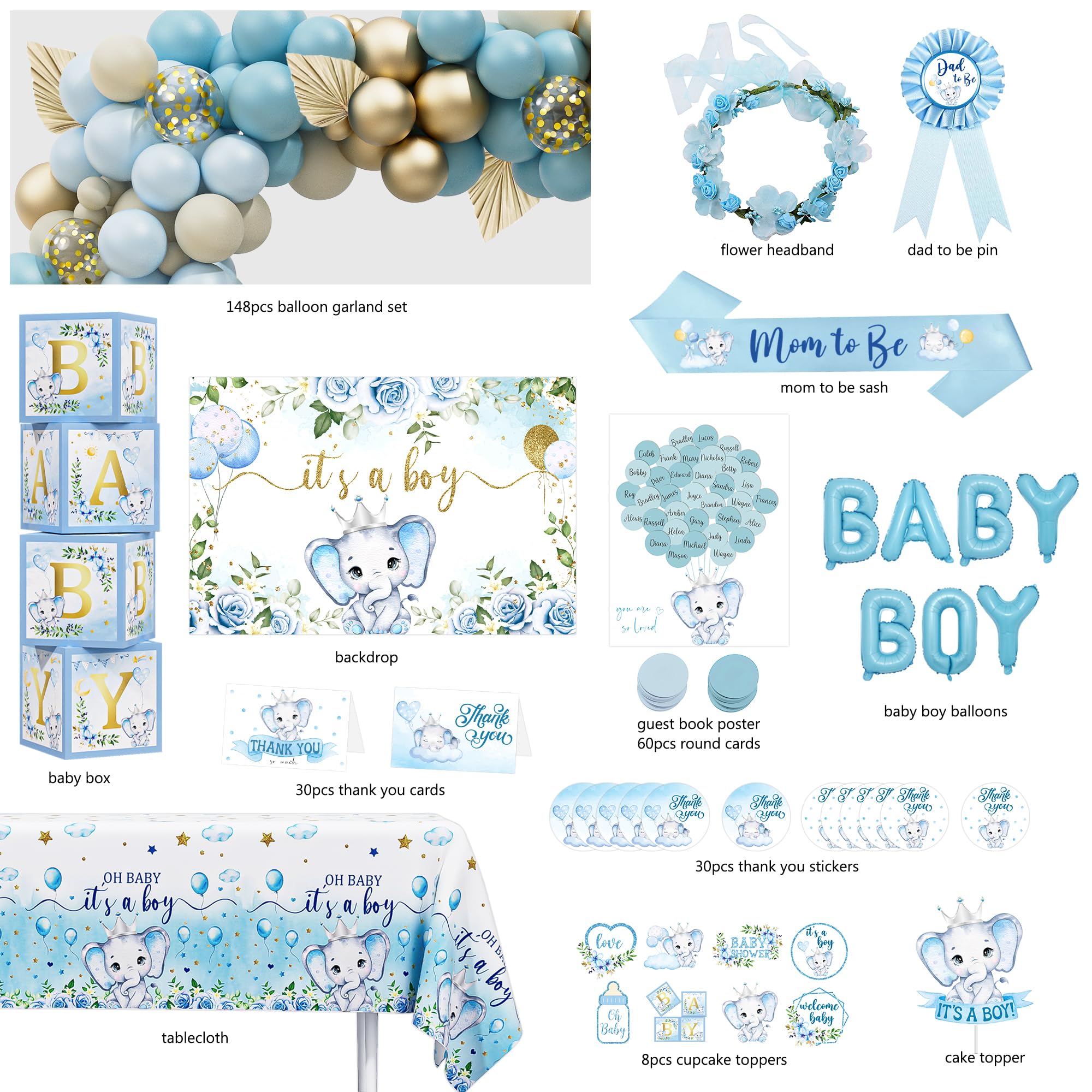 Elephant Baby Shower Decorations for Boy, Blue Elephant Baby Shower Party Supplies, It's a Boy Backdrop Tablecloth Elephant Balloon Arch BABY Box Mom to Be Sash Dad to Be Pin