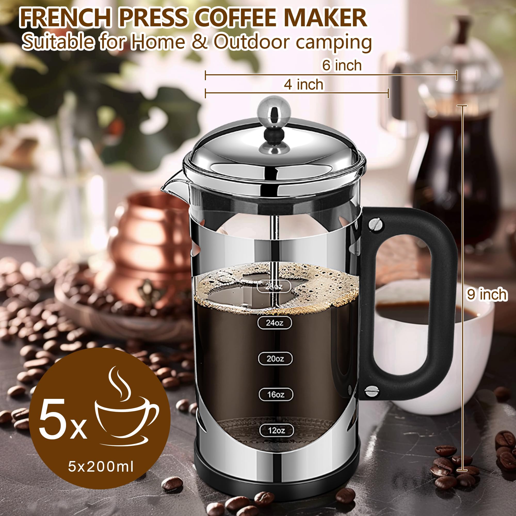 YMMIND 34 Ounce French Press Coffee Maker Chromium Stainless Steel Coffee Press, with 4-Level Filter System, Heat Resistant Thickness Borosilicate Glass, BPA-Free Brewed Coffee Pot for Camping Gifts