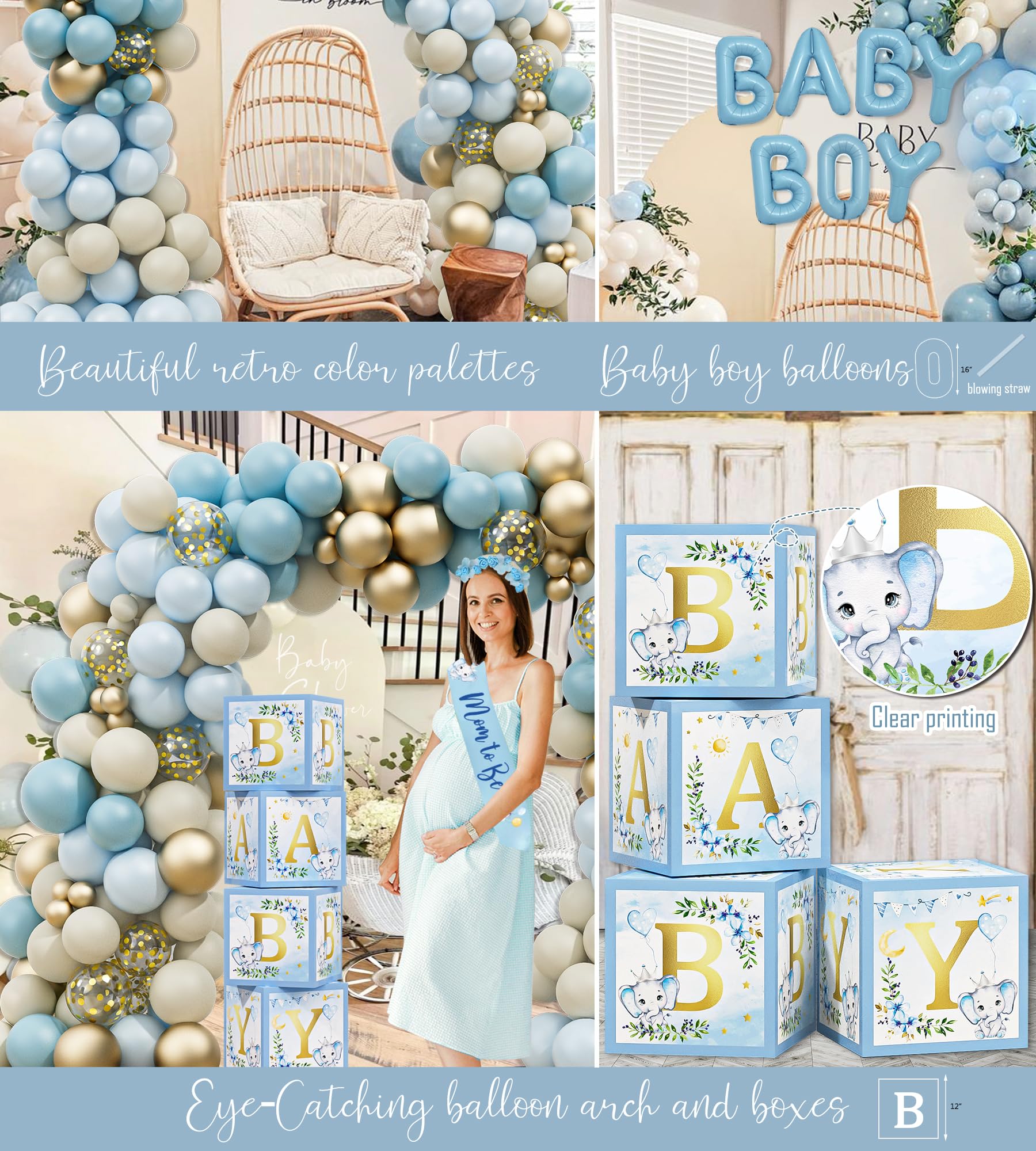 Elephant Baby Shower Decorations for Boy, Blue Elephant Baby Shower Party Supplies, It's a Boy Backdrop Tablecloth Elephant Balloon Arch BABY Box Mom to Be Sash Dad to Be Pin