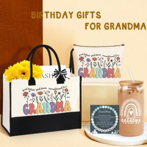 DOGMEM Grandma Gifts for Birthday, Tote Bag Grandma Gifts Set from Granddaughter Grandson Grandchildren Grandkids Best Grandma Gifts Basket Tote Bag Makeup Bag 16 Oz Can Glass Bead Bracelet