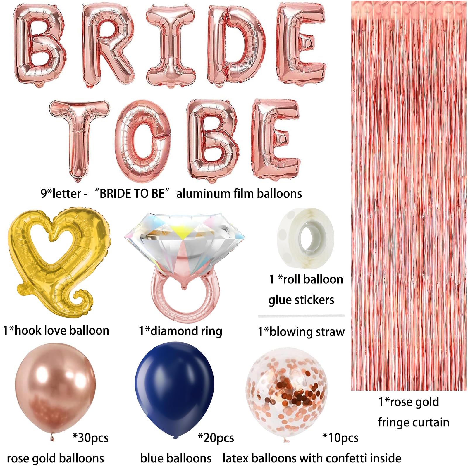 Bachelorette Party Decorations Set, Blue and Rose Gold Bridal Shower Party Decor and Supplies-Bride to Be Balloons, Fringe Curtain, Ring & Latex Balloons for Bridal Shower, Wedding, Bridal Shower