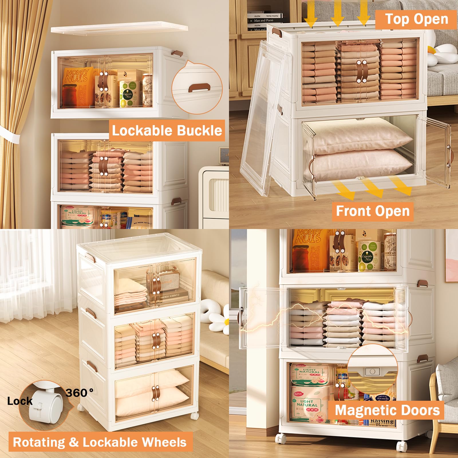 Stackable Storage Bins with Lids, MU TU HD Plastic Storage Cabinet Storage Box Collapsible Clothes Storage Containers with Doors Wardrobe Closet Organizers and Storage for Home (23.62*16.54*41.65")