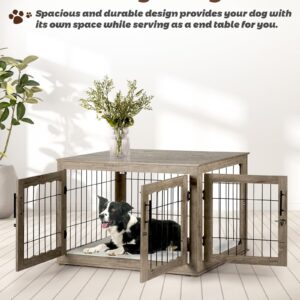 Upolana Large Dog Crate Furniture, 38 inch Dog Crates with Bed Pad, Wooden Dog Kennel Furniture, End Table Dog Cage with 3 Doors, Greige S35812