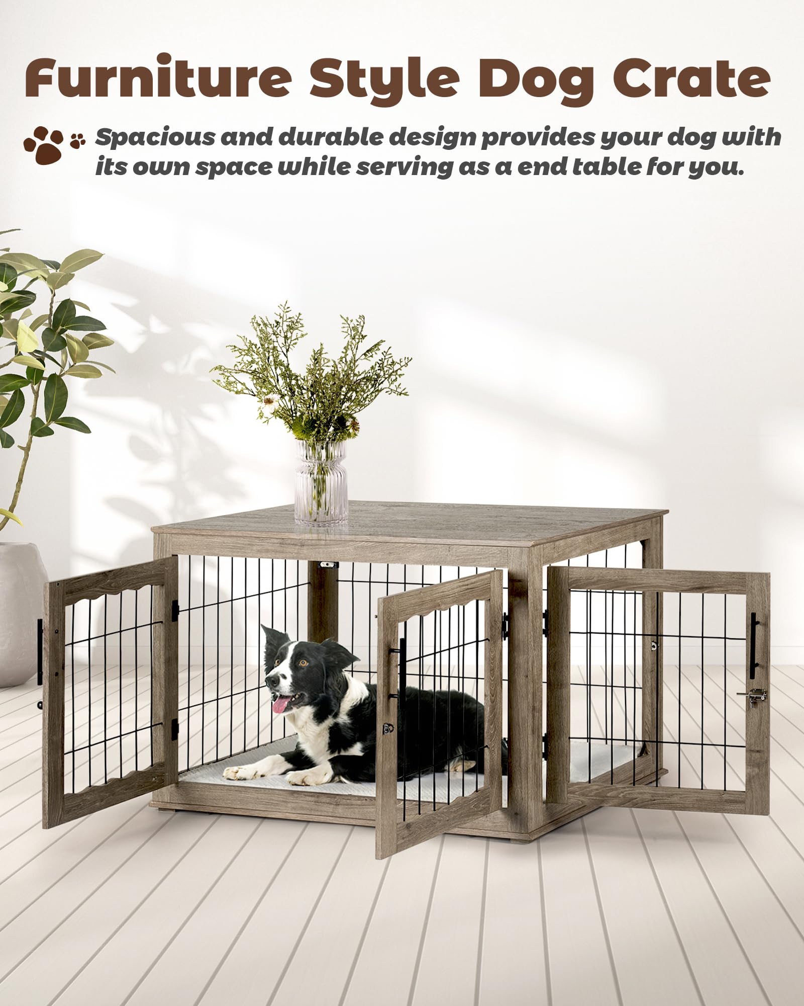 Upolana Large Dog Crate Furniture, 38 inch Dog Crates with Bed Pad, Wooden Dog Kennel Furniture, End Table Dog Cage with 3 Doors, Greige S35812