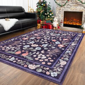 przemy rugs for bedroom living room 4x6 washable boho area rug, shag non slip low pile carpet, floral vintage floor rug for kids dorm nursery office playroom indoor decor, purple