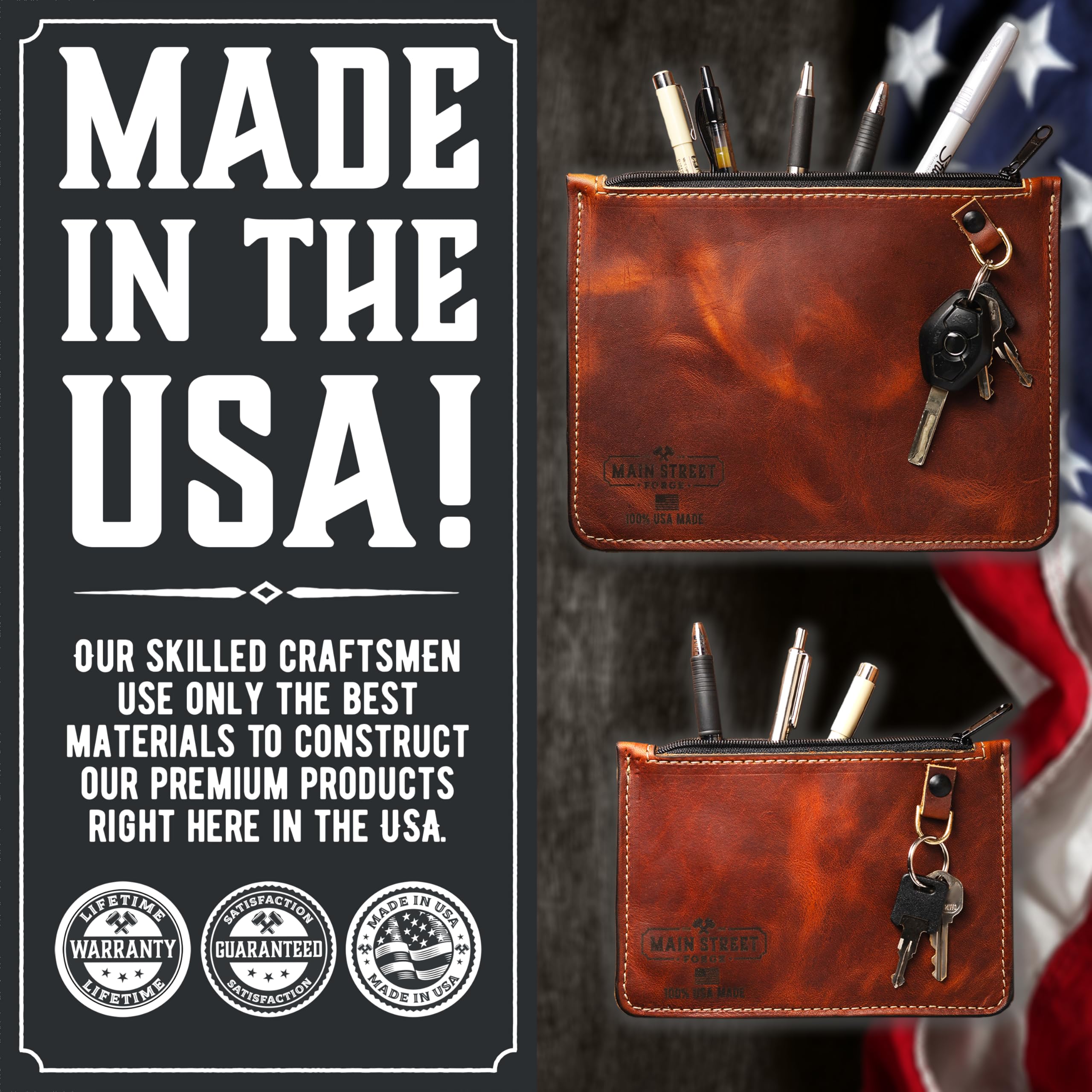 Made in USA Leather Utility Pouch | Premium Leather Pencil Case | Handmade Leather Pen Case - Durable Leather Pouch - Versatile Small Leather Bag for Office, Travel & Gifts for Men & Women