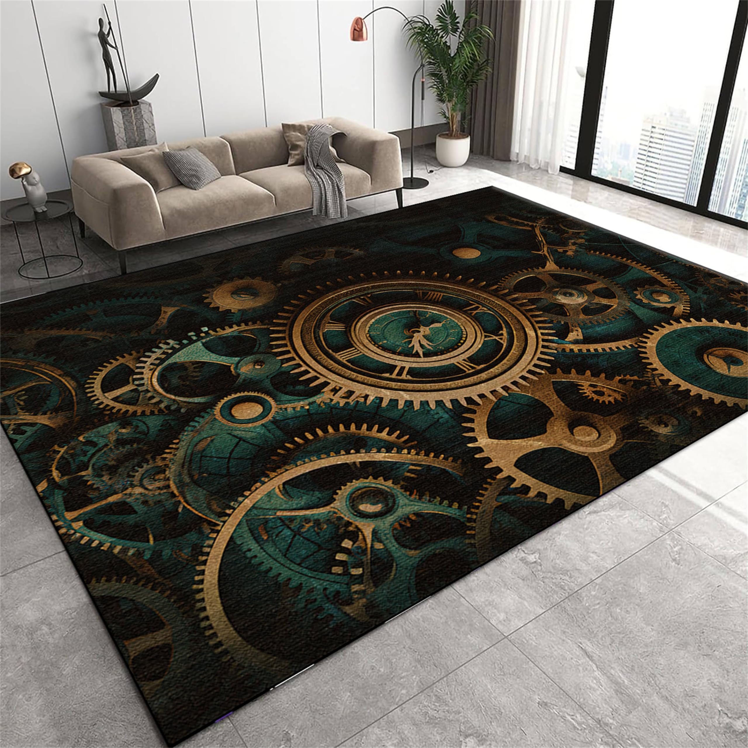 rugylsf Living Room Area Rug Steampunk Gear Print Luxury Rug Bedroom Dining Room Soft Non-Slip Floor Mats Washable Black Gear Rug Tool Shop Office Rug Mechanical Enthusiast Rugs 4x6ft