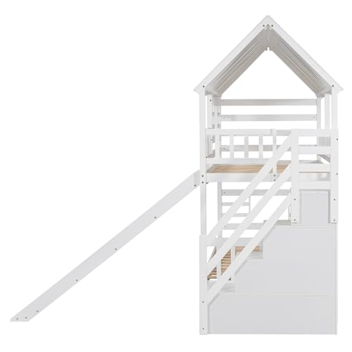 EOVTK Twin Over Twin House Bunk Bed with Trundle and Slide, Wood House Bunk Bed Frame with Storage Staircase, Roof and Window for 3 Kids Boys Girls, White