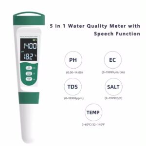 5-in-1 Voice Prompts Water Quality Tester for PH/TDS/EC/Salt/Temperature, with USB-Rechargeable, IP67 Digital pH Meter with Auto Calibration and VA for Hydroponics, Garden, Pool, Aquarium