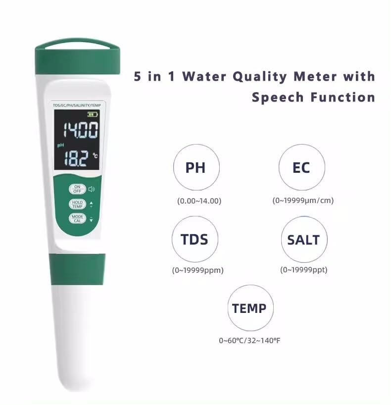 5-in-1 Voice Prompts Water Quality Tester for PH/TDS/EC/Salt/Temperature, with USB-Rechargeable, IP67 Digital pH Meter with Auto Calibration and VA for Hydroponics, Garden, Pool, Aquarium