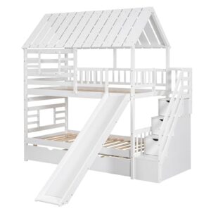 EOVTK Twin Over Twin House Bunk Bed with Trundle and Slide, Wood House Bunk Bed Frame with Storage Staircase, Roof and Window for 3 Kids Boys Girls, White