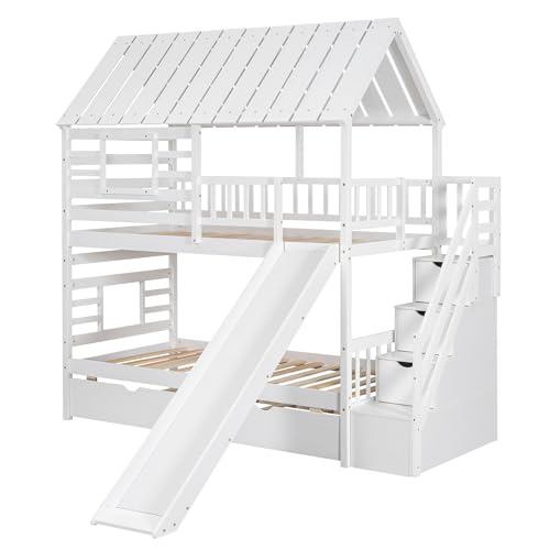 EOVTK Twin Over Twin House Bunk Bed with Trundle and Slide, Wood House Bunk Bed Frame with Storage Staircase, Roof and Window for 3 Kids Boys Girls, White