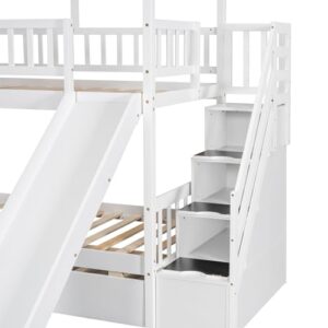 EOVTK Twin Over Twin House Bunk Bed with Trundle and Slide, Wood House Bunk Bed Frame with Storage Staircase, Roof and Window for 3 Kids Boys Girls, White