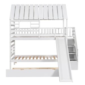 EOVTK Twin Over Twin House Bunk Bed with Trundle and Slide, Wood House Bunk Bed Frame with Storage Staircase, Roof and Window for 3 Kids Boys Girls, White