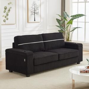 erye modern living room upholstered 3 seater sofa couch deep seat soft corduroy sofa&couch with storage armrests, 2 cupholders, type-c and usb charging ports for home, apartment, office