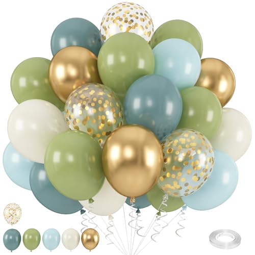 Dusty Sage Green Blue Balloons, 60 PCS Olive Green Slate Blue Beige Balloons with Metallic Gold Confetti Balloons, 12 Inch Latex Balloon Set for Boho Birthday Wedding Bridal Shower Party Decorations