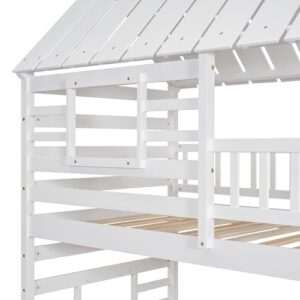 EOVTK Twin Over Twin House Bunk Bed with Trundle and Slide, Wood House Bunk Bed Frame with Storage Staircase, Roof and Window for 3 Kids Boys Girls, White