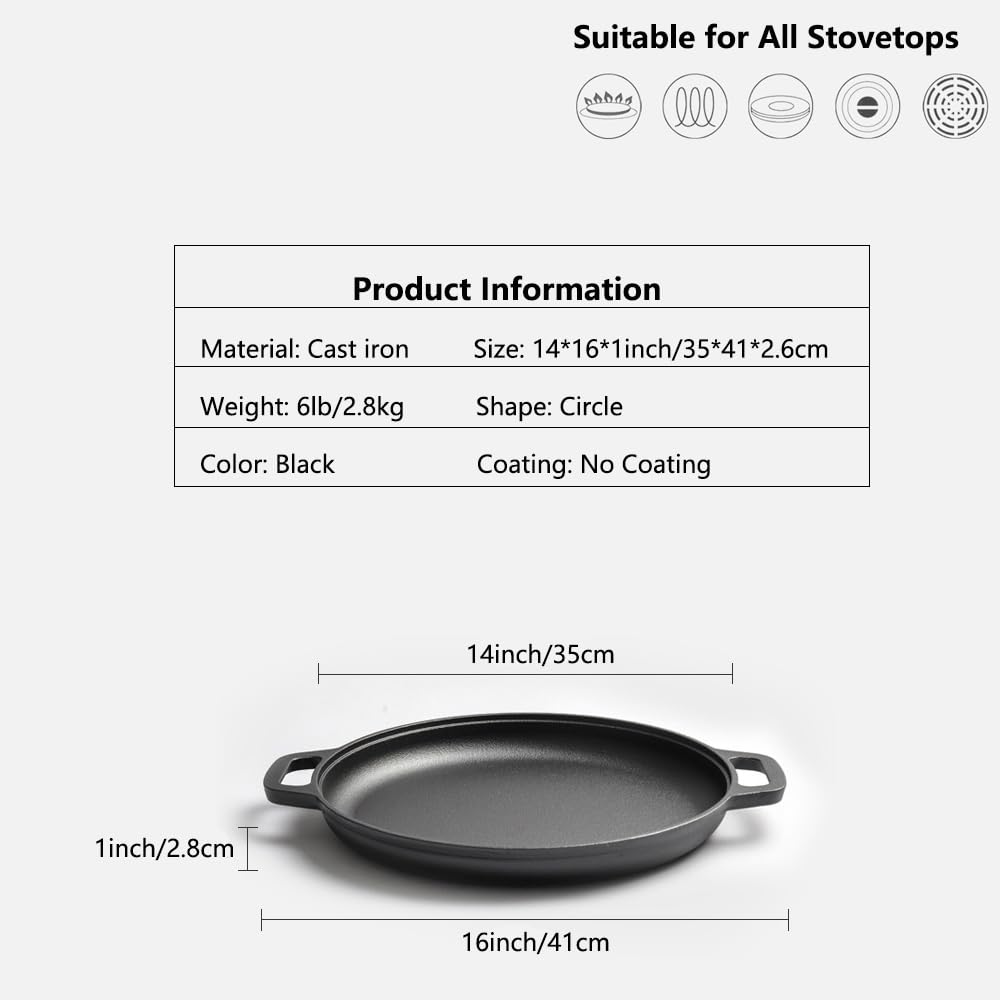 Unoschrim Cast Iron Skillet 14 Inch, Round Nonstick Frying Pan, Double Handle Outdoor Camping Cookware, Versatile Cast Iron Griddle for Frying, Sautéing or Baking, Oven Safe Cookware, Induction Safe