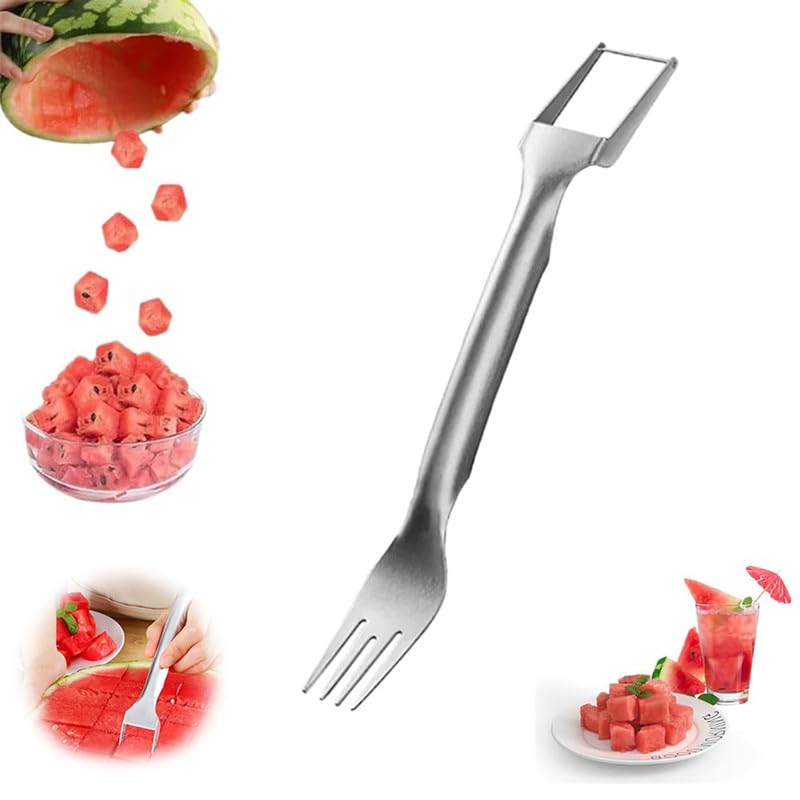 2-in-1 Stainless Steel Fruit Cutter, 2024 Upgrade Watermelon Fork Slicer Cutter Dual Head Watermelon Cutter Slicer Tool, Summer Fruit Cutting Fork Quickly Fruit Forks Slicer for Kitchen Camping(1pcs)