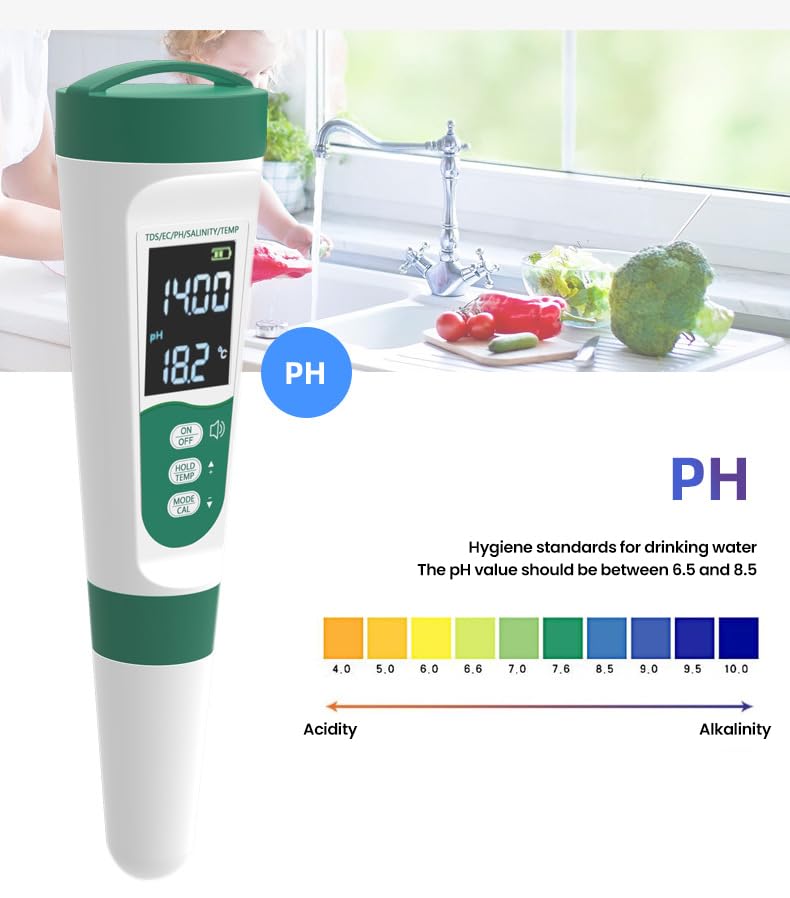 5-in-1 Voice Prompts Water Quality Tester for PH/TDS/EC/Salt/Temperature, with USB-Rechargeable, IP67 Digital pH Meter with Auto Calibration and VA for Hydroponics, Garden, Pool, Aquarium