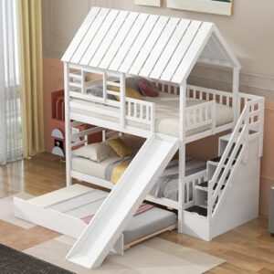 eovtk twin over twin house bunk bed with trundle and slide, wood house bunk bed frame with storage staircase, roof and window for 3 kids boys girls, white