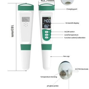 5-in-1 Voice Prompts Water Quality Tester for PH/TDS/EC/Salt/Temperature, with USB-Rechargeable, IP67 Digital pH Meter with Auto Calibration and VA for Hydroponics, Garden, Pool, Aquarium