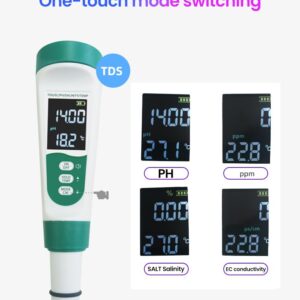 5-in-1 Voice Prompts Water Quality Tester for PH/TDS/EC/Salt/Temperature, with USB-Rechargeable, IP67 Digital pH Meter with Auto Calibration and VA for Hydroponics, Garden, Pool, Aquarium