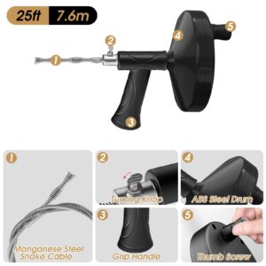 Plumbers Snake, 25ft Drain Auger Heavy Duty Plumbing Snake Drain Clog Remover for Bathtub, Bathroom Sink, Kitchen and Shower Drain Cleaning