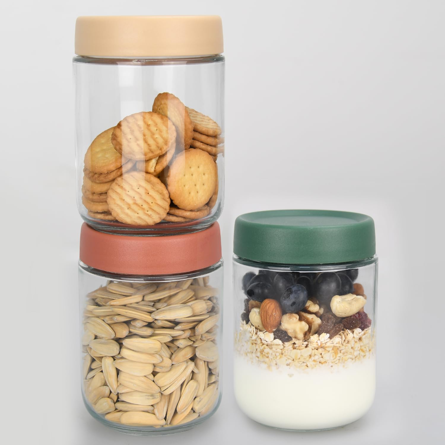 Mdvora 3 Pack 16oz Overnight Oats Jars with Lids, Glass Jars with Airtight Lids, Wide Mouth Overnight Oats Jars, Glass Food Storage Containers(3 Pack, 16oz)