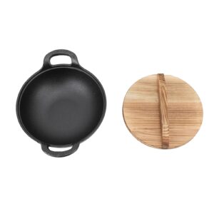 Cast Iron Wok with 2 Handle and Wooden Lid, Seasoned Cast Iron Wok Chinese Wok, Deep Frying Pan with Flat Base Uncoated for Stir Fry Grill Steam Authentic Asian Chinese Food (20cm)