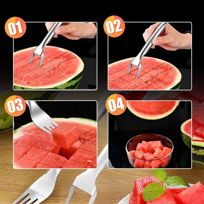 2-in-1 Stainless Steel Fruit Cutter, 2024 Upgrade Watermelon Fork Slicer Cutter Dual Head Watermelon Cutter Slicer Tool, Summer Fruit Cutting Fork Quickly Fruit Forks Slicer for Kitchen Camping(1pcs)