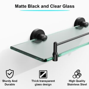 KOCOK Glass Bathroom Shelf for Wall,16-Inch Black Floating Glass Shelf for Bathroom Modern Stainless Steel Tempered Glass Shelves Wall Mount Accessories