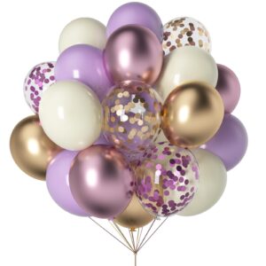 purple and gold balloons, 60pcs 12inch metallic lavender and champagne balloons, white and light purple balloons with confetti balloons for graduation wedding birthday anniversary ceremony decorations