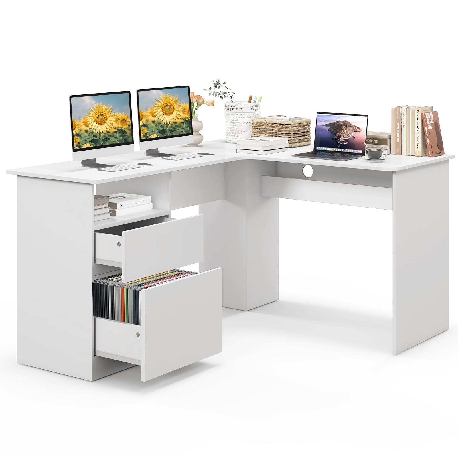 GOFLAME L-Shaped Desk, 59" Corner Computer Desk with File Drawer & Open Shelf, Large Workstation w/ 2 Cable Management Holes, Writing Study Desk for Home Office, White