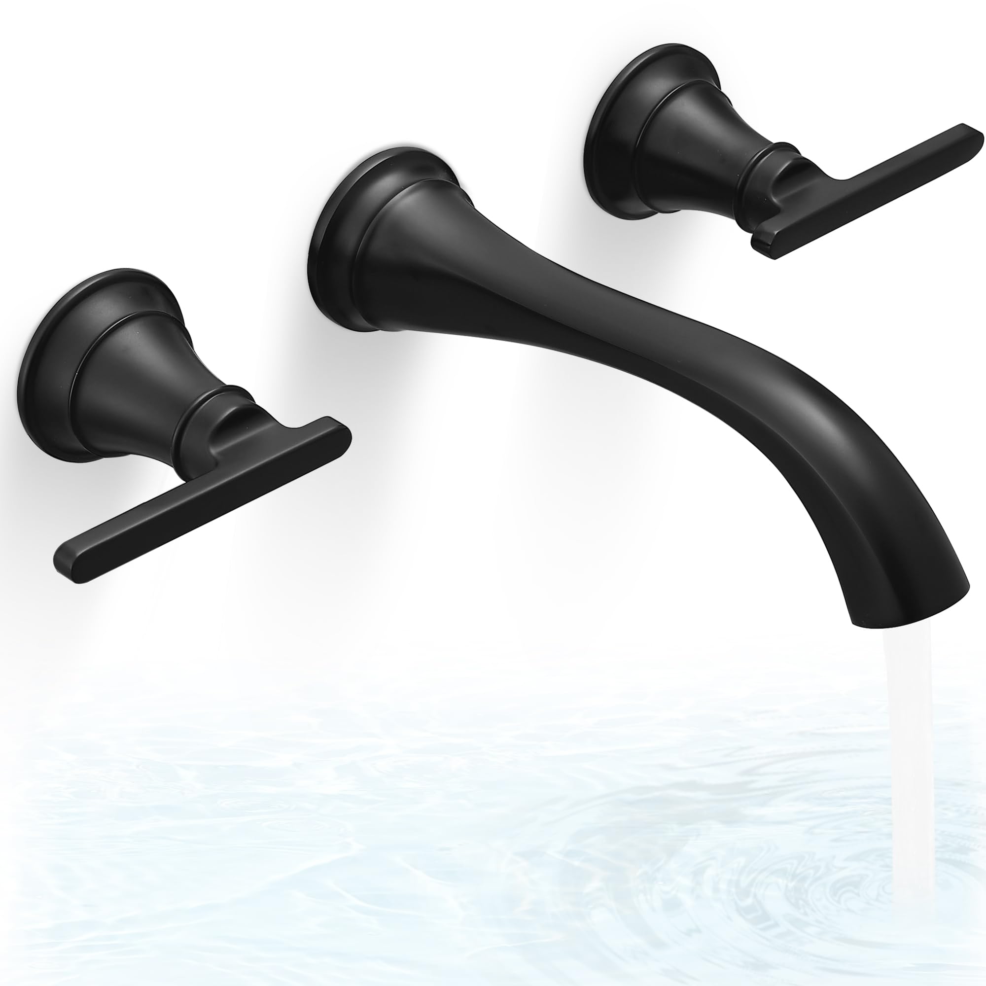 HOIGY Brass Tub Filler Wall Mount 3 Hole, Farmhouse Black Tub Faucet, High Pressure 2 Handle Matte Black Bathtub Faucet Set with Long Spout Reach, Rough-in Valve