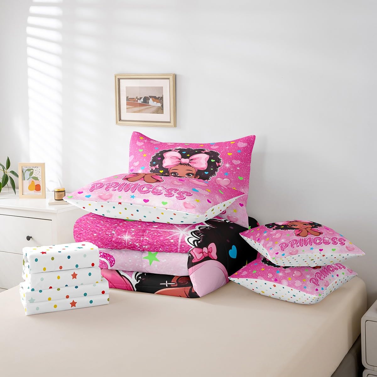 Cartoon Black Girls 7Pcs Comforter Set King Size,Pink Glitter Bow Love Heart Stars Print Bedding Set Kids Teens Woman Room Decor,Kawaii African Theme Child Fitted Flat Sheet Lovely 2 Pillow Cover