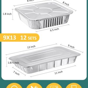 NEEBAKE 24 Pack Disposable Aluminum Pans with Lids Combo Set- 12 Large 9x13 Foil Pans Half Size & 12 Small 8x8 Tin Foil Baking Pans, Tin Trays Containers for Meal Prep, Food Cooking, Roasting, Heating