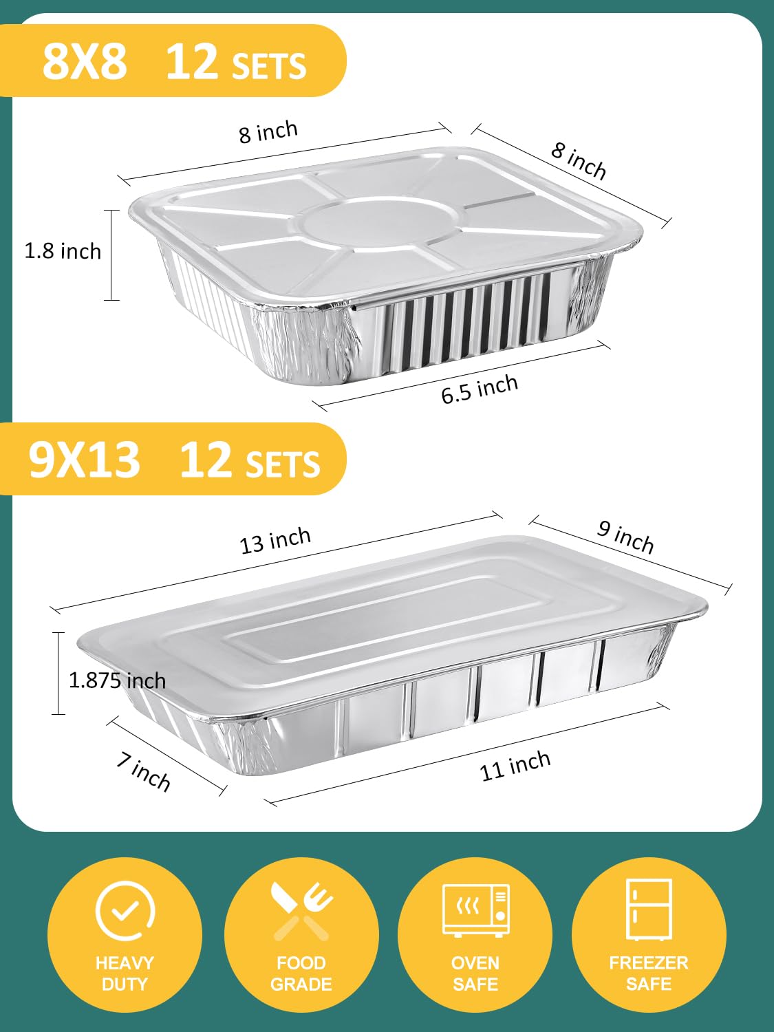 NEEBAKE 24 Pack Disposable Aluminum Pans with Lids Combo Set- 12 Large 9x13 Foil Pans Half Size & 12 Small 8x8 Tin Foil Baking Pans, Tin Trays Containers for Meal Prep, Food Cooking, Roasting, Heating