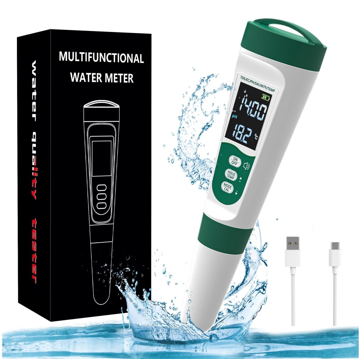 5-in-1 Voice Prompts Water Quality Tester for PH/TDS/EC/Salt/Temperature, with USB-Rechargeable, IP67 Digital pH Meter with Auto Calibration and VA for Hydroponics, Garden, Pool, Aquarium