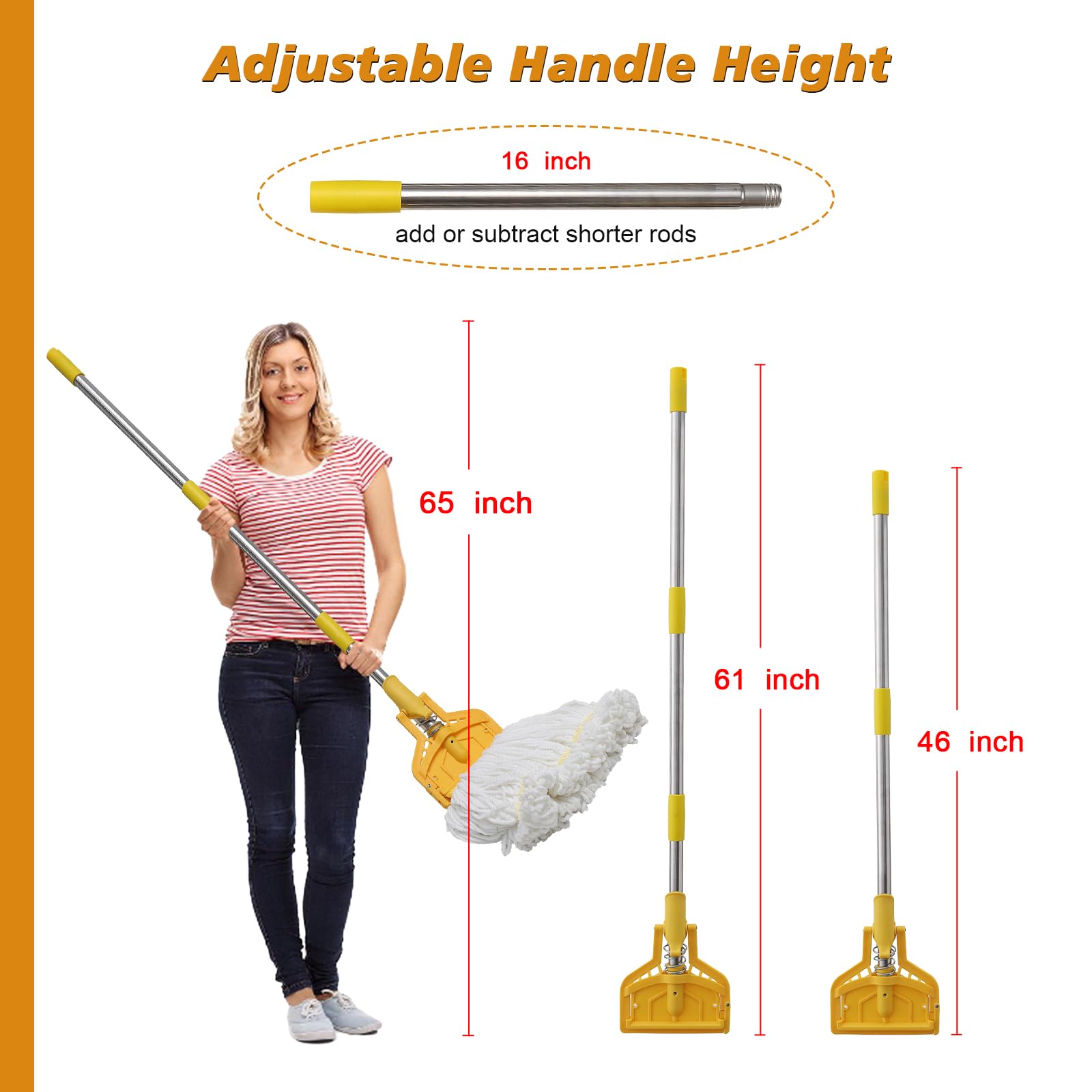 Mop Handle, 61" Wet Mops Heavy Duty Loop-end String Mop Head Surface Floor Cleaner with Stainless Steel Hard Pole Commercial Industrial Grade Mop