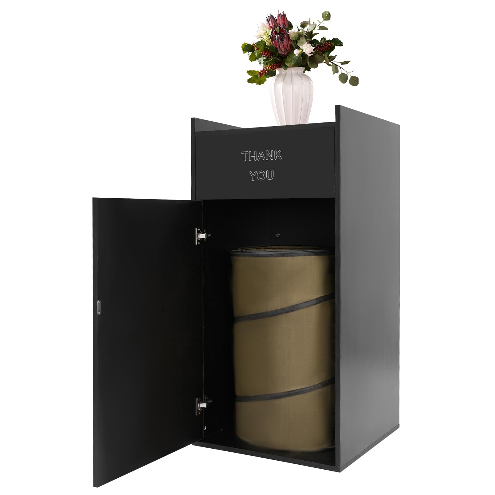 Restaurant Trash Bin Cabinet, 22"x22"x46" Garbage Can Commercial with A Foldable Canvas Trash Bag Inside, Garbage Receptacle Indoor with Tray Holder for Restaurants, Cafeterias (Black)