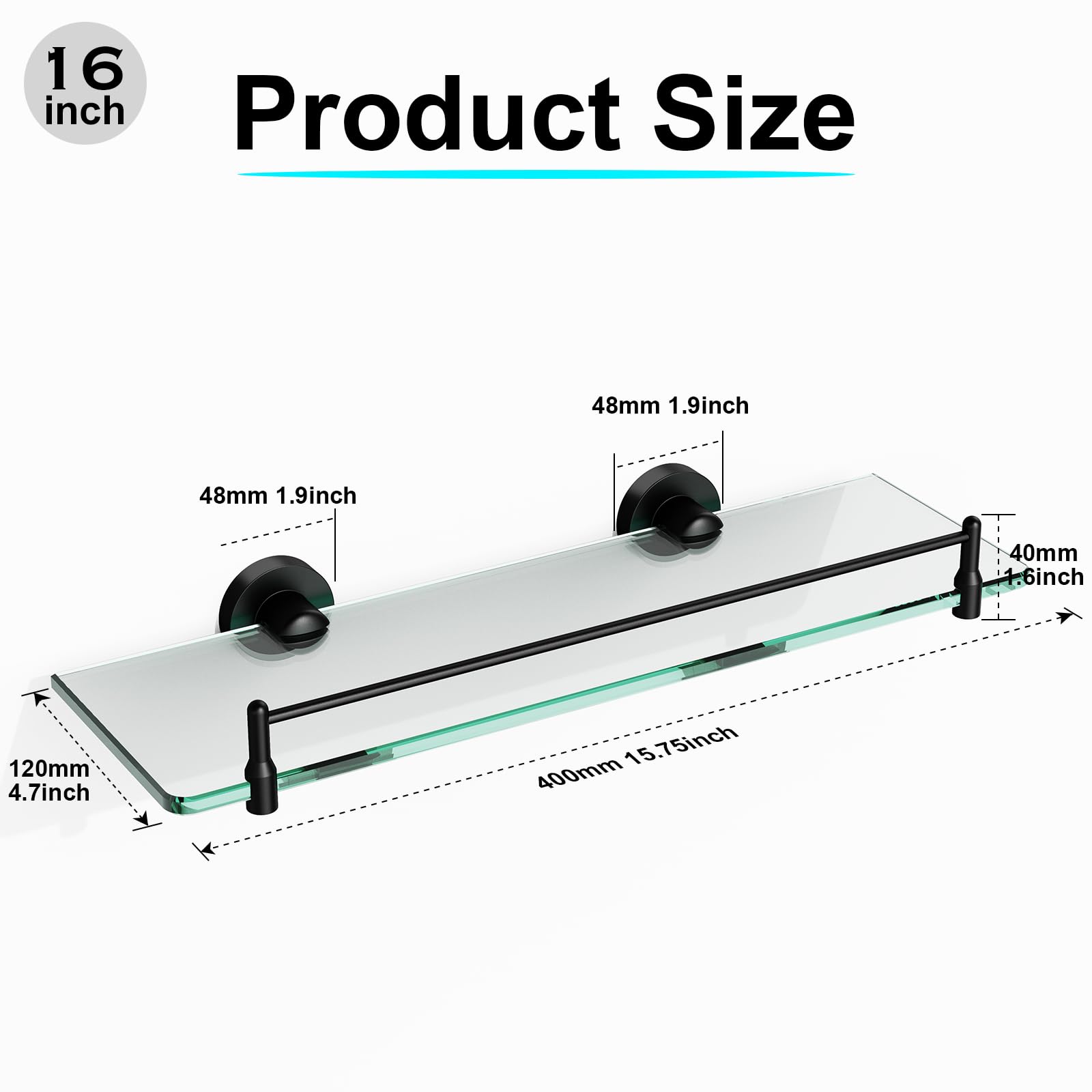 KOCOK Glass Bathroom Shelf for Wall,16-Inch Black Floating Glass Shelf for Bathroom Modern Stainless Steel Tempered Glass Shelves Wall Mount Accessories