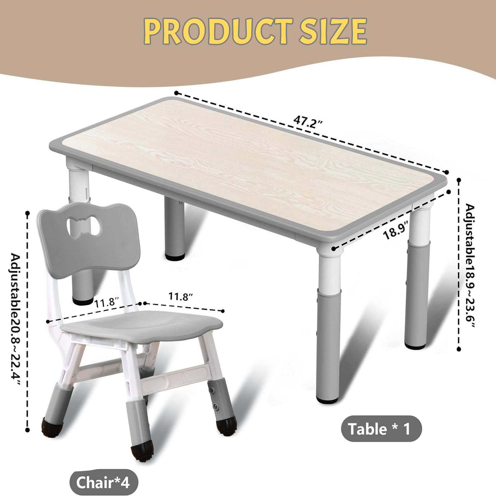 GarveeHome Kids Table and 6 Chair Set - Height Adjustable, Multifunctional Desk, Ergonomically Designed Chairs, Max 300lbs, for Ages 2-10, Classroom, Daycares, Home