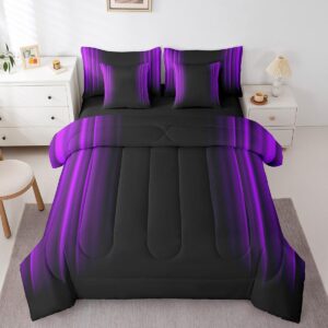 Feelyou Geometric Abstract Ombre Comforter Set with Sheets Kids Teens Purple and Black Striped Bedding Bed Set Decor Modern Fashion Bed in a Bag Bedroom Collection Twin Size