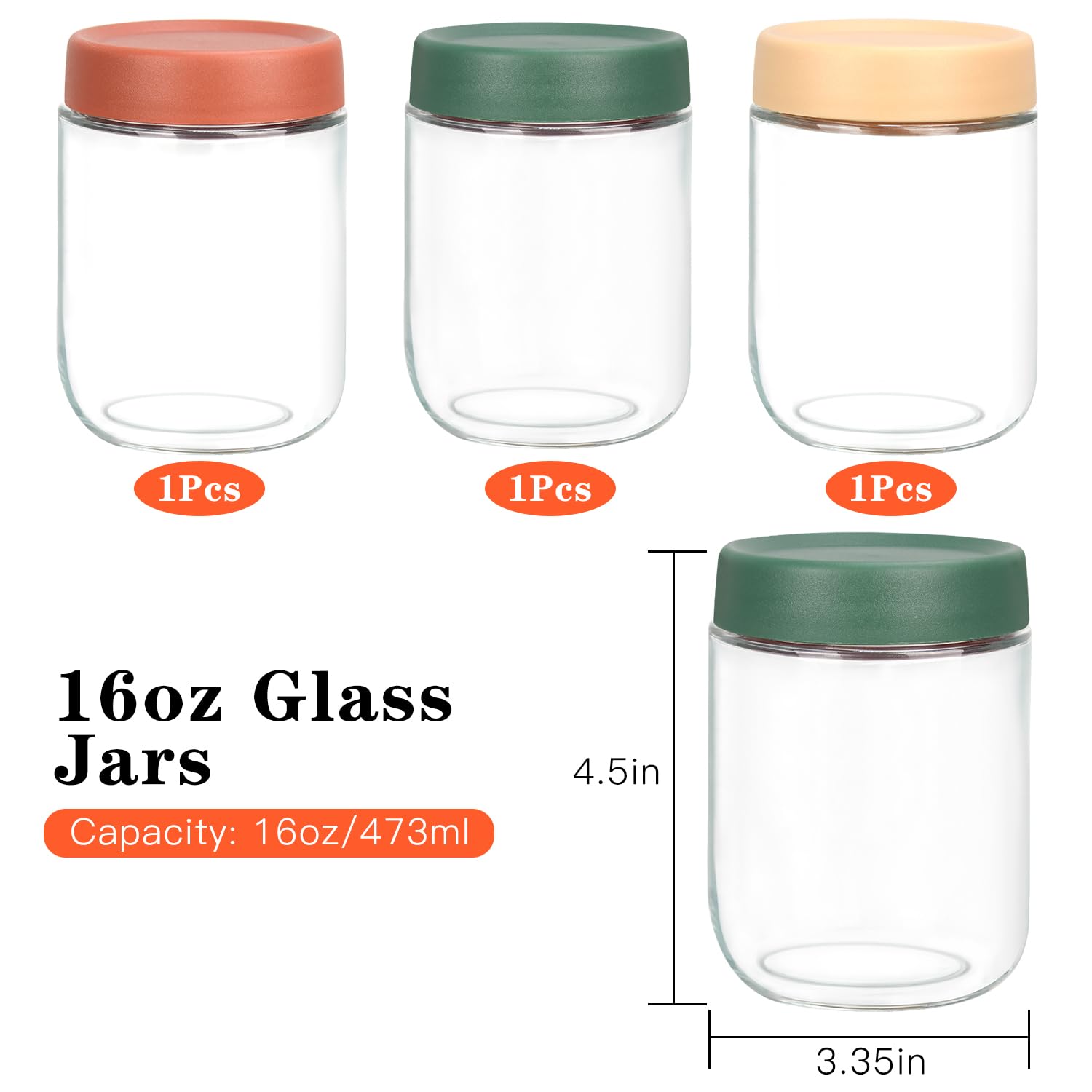 Mdvora 3 Pack 16oz Overnight Oats Jars with Lids, Glass Jars with Airtight Lids, Wide Mouth Overnight Oats Jars, Glass Food Storage Containers(3 Pack, 16oz)