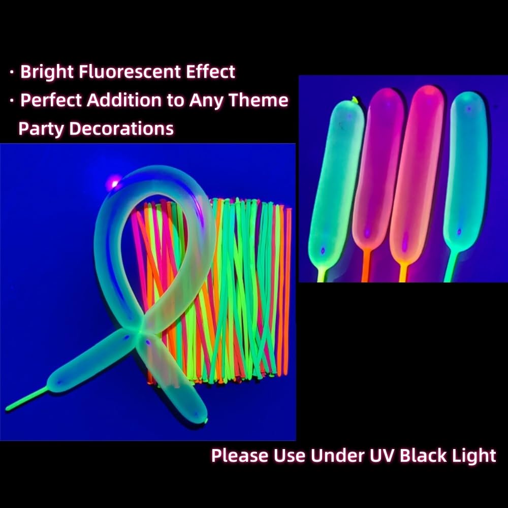 100Pcs UV Neon Long Skinny Balloons, Twisting UV Black Light Glow in the Dark Luminous DIY Modeling Magic Latex Balloon for Birthday Wedding Anniversary Graduation Blacklight Neon Party Decoration