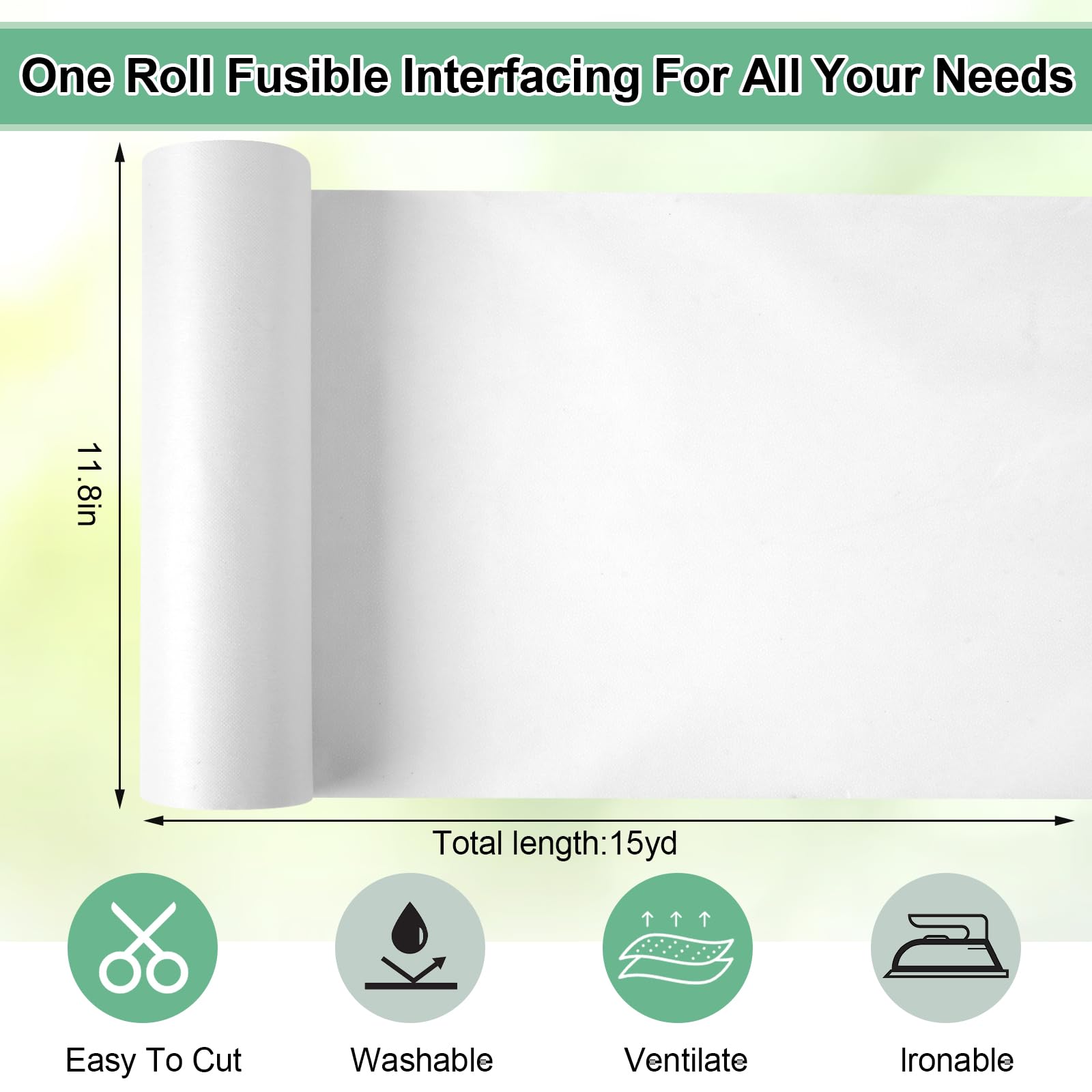 Phinus Fusible Interfacing for Sewing, Medium Weight White 11.8in X 15yd Iron on Interfacing, Fusible Fleece Interfacing for Sewing for Sewing Supplies and DIY Crafts Supplies